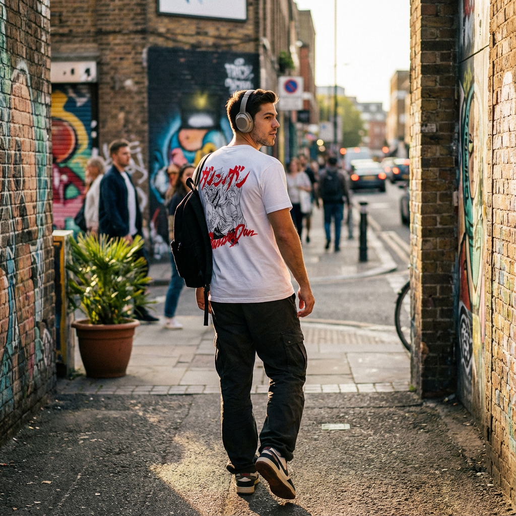 DanDaDan Anime T-Shirt Front and Back Print Japanese Streetwear Graphic Tee 8 Akaza Destructive Death Demon Slayer Tee size chart showing body length and chest width in inches, XS to 6XL.