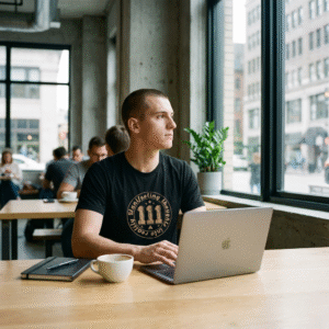 Man wears TeeFlow USA 111 Angel Number T-Shirt with Manifesting Thoughts into Reality graphic in a cafe with a laptop.