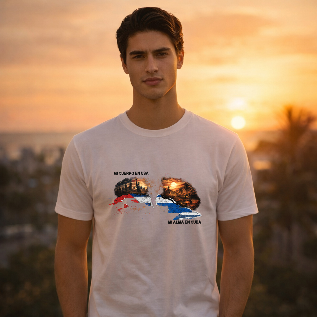 Mi Cuerpo en USA Mi Alma en Cuba T-Shirt | Cuban Pride Unisex Tee 4 Emotional lifestyle photo of young Latino man wearing white Mi Cuerpo en USA Mi Alma en Cuba t-shirt at sunset