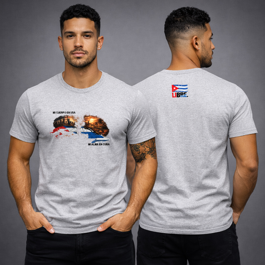 Mi Cuerpo en USA Mi Alma en Cuba T-Shirt | Cuban Pride Unisex Tee 5 Heather gray Mi Cuerpo en USA Mi Alma en Cuba t-shirt front and back view studio mockup