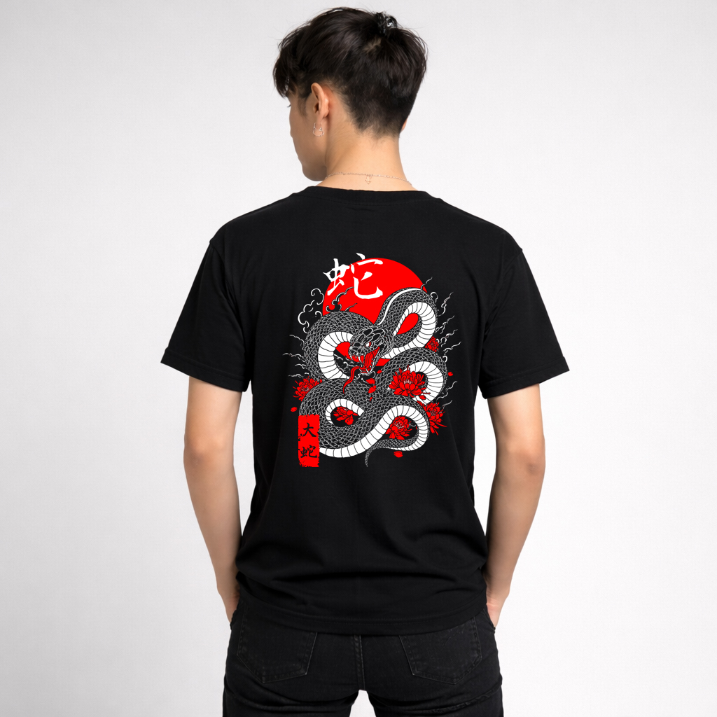 japanese snake t-shirt black front back print