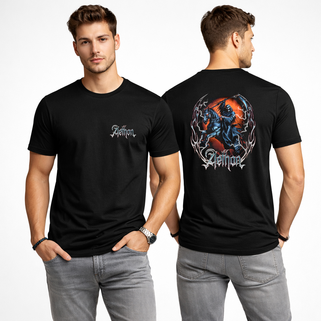 Midnight Cavalry Reaper T Shirt Reaper black streetwear t shirt front and back view dark gothic graphic tee with grim reaper horse back print