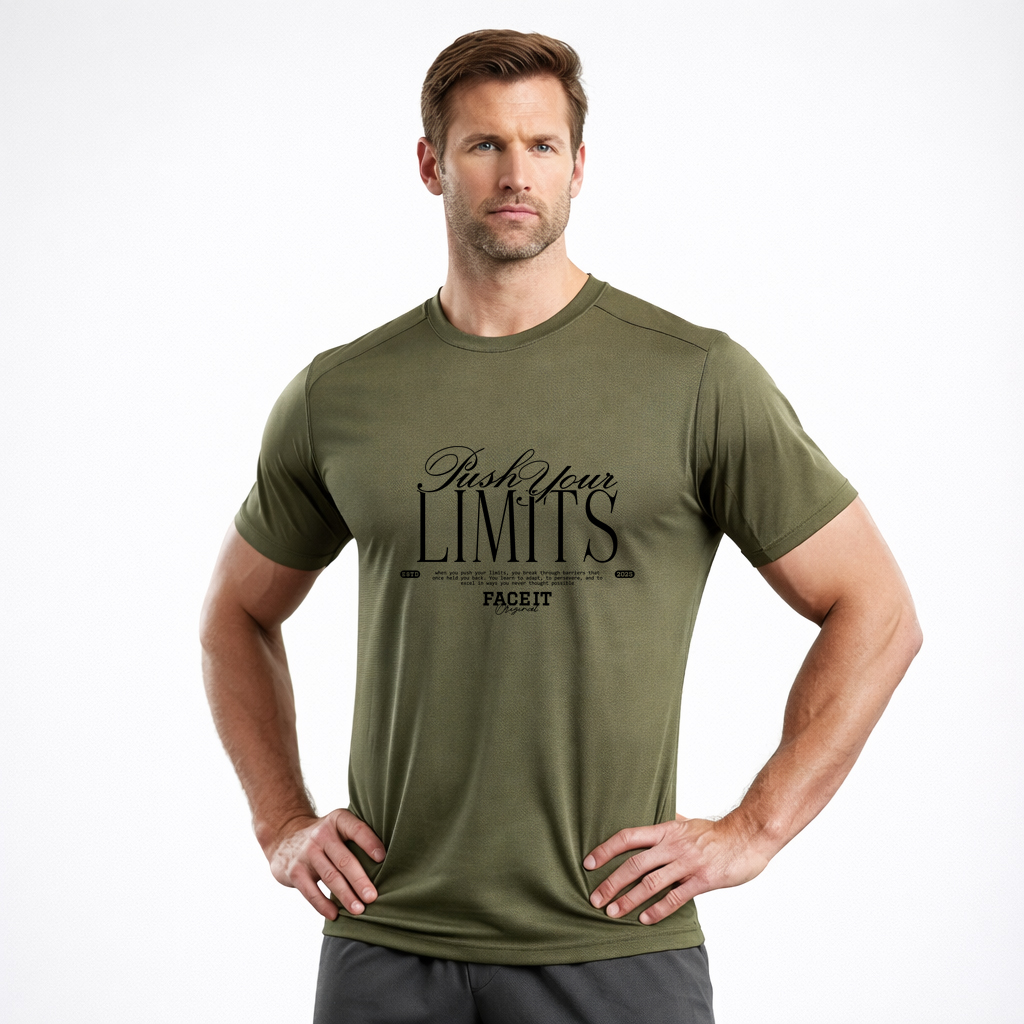 Push Your Limits Gym T-Shirt – Top 1 Motivational Workout Tee (Unisex) 5 Push Your Limits gym t-shirt in military green studio mockup, motivational fitness shirt for training
