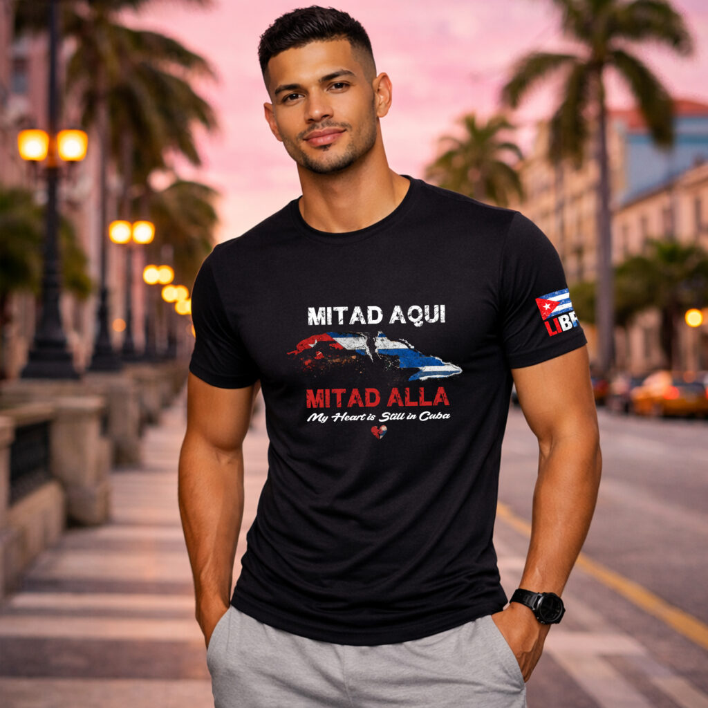 Latino model wearing black Cuban graphic t-shirt in urban streetwear lifestyle setting