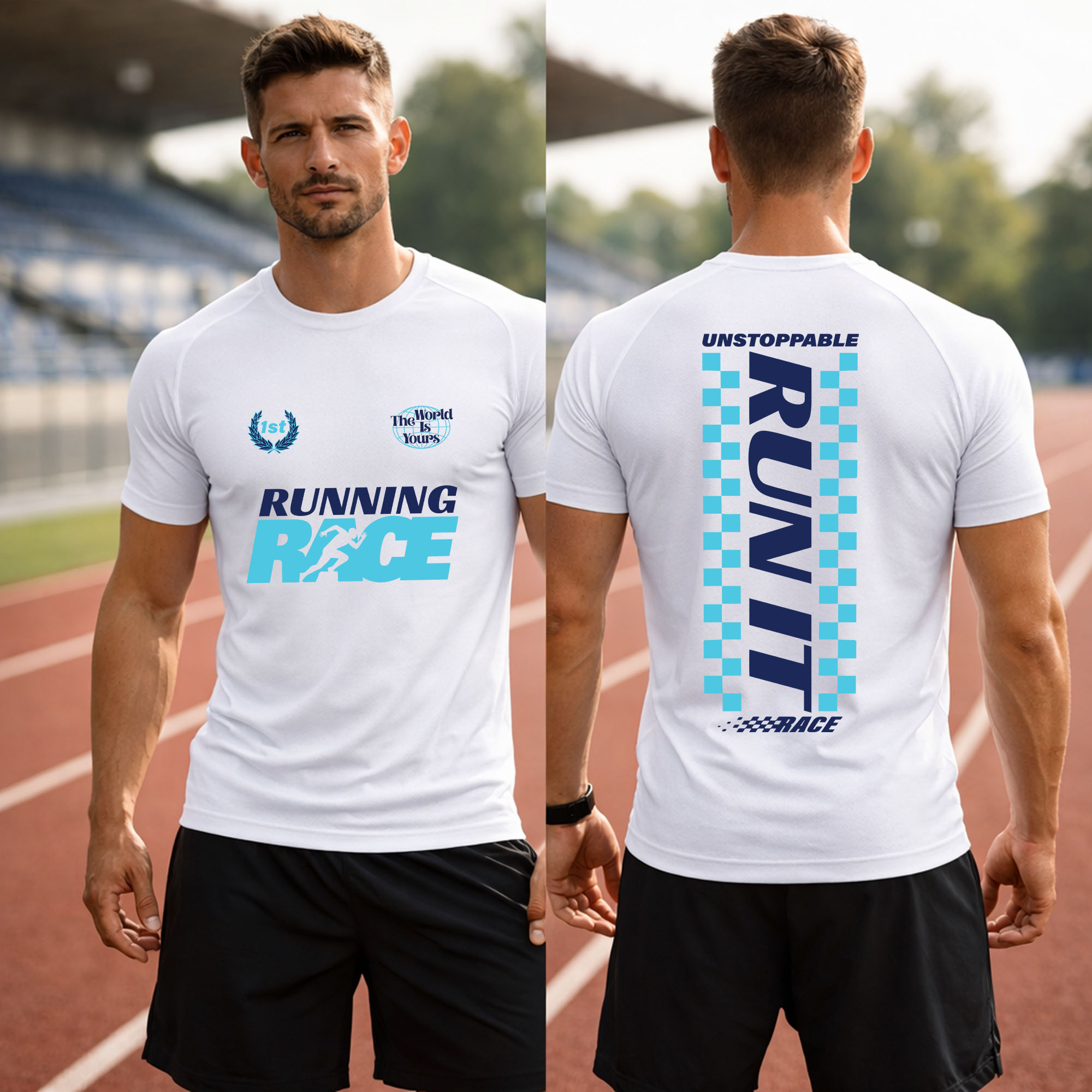 Running Race Shirt – Powerful Run It Running Tee for Runners (Top Motivation) 2 running race run it shirt white t-shirt blue running design front and back athletic running apparel
