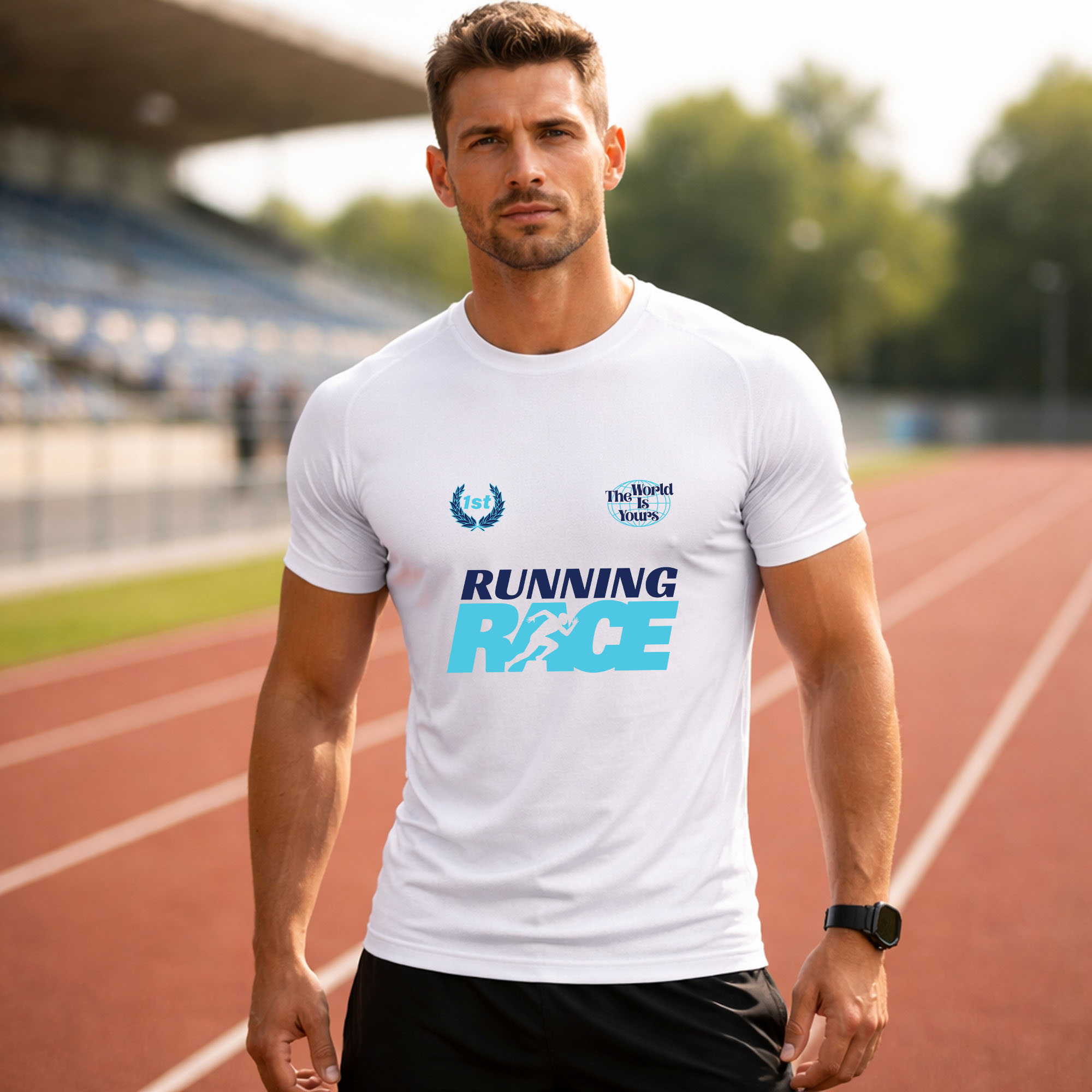 Running Race Shirt – Powerful Run It Running Tee for Runners (Top Motivation) 1 running race shirt worn by runner on track athletic running t-shirt