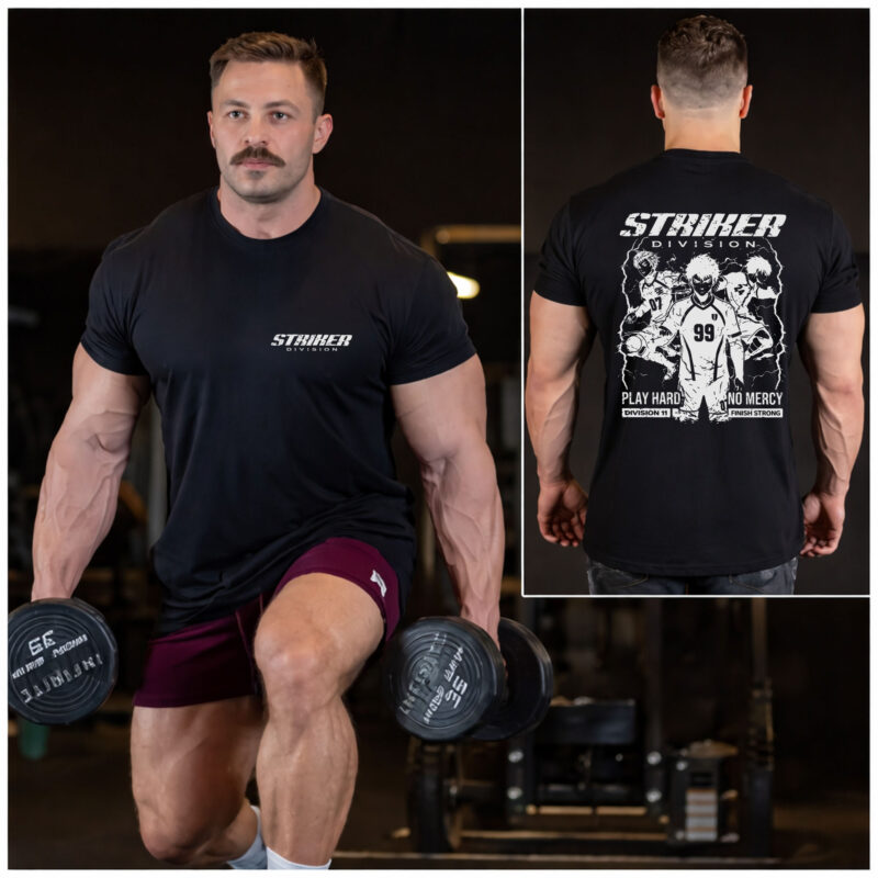 HOME 5 Striker Division anime soccer t shirt black front and back gym mockup premium fitness streetwear apparel