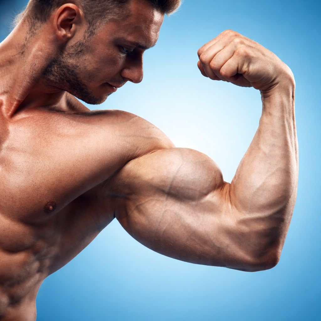 Muscular athlete flexing arm showing strength and muscle definition, fitness motivation image for training and bodybuilding lifestyle